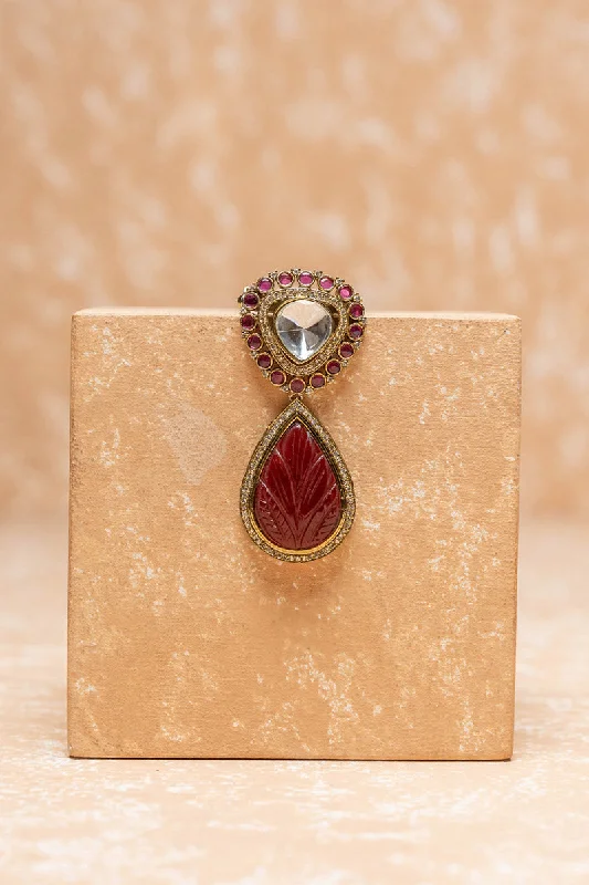 Antique Vintage Brooch-Crystal Brooch With Maroon Jaipuri Bead Drop