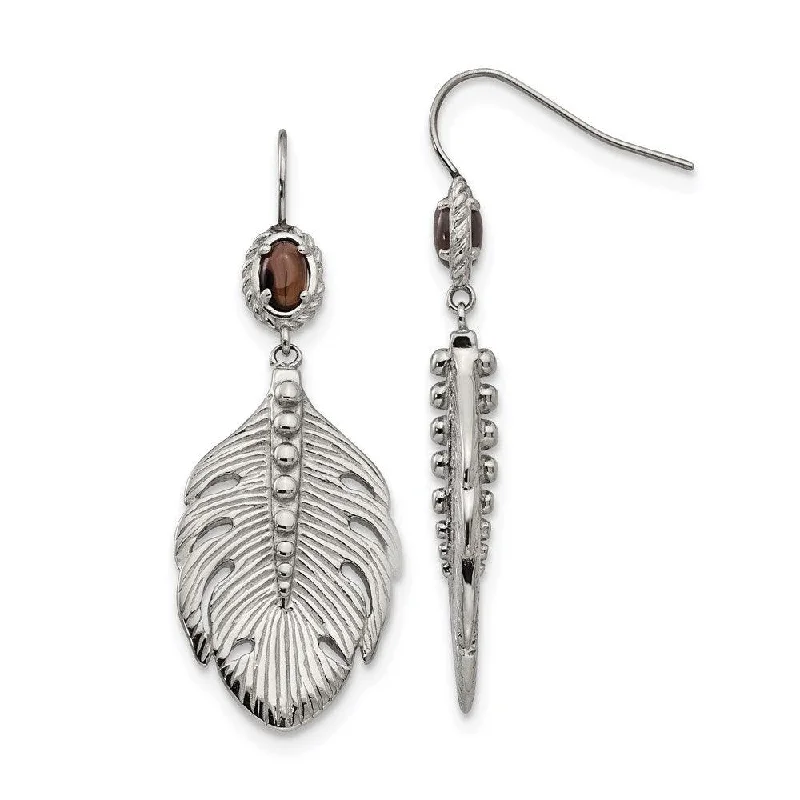 Precious Stone Earrings-Stainless Steel Polished Smoky Quartz Feather Earrings