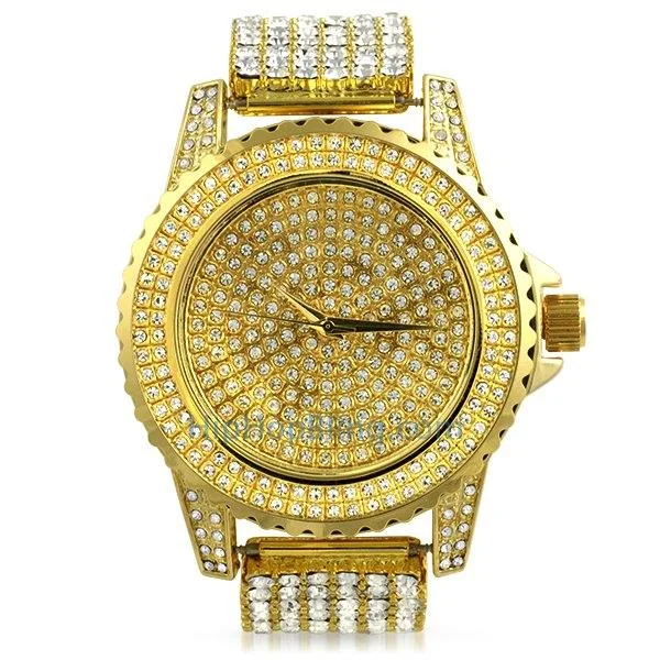 Affordable Leather Watches-Gold All Bling Bling Custom Watch Iced Out Band