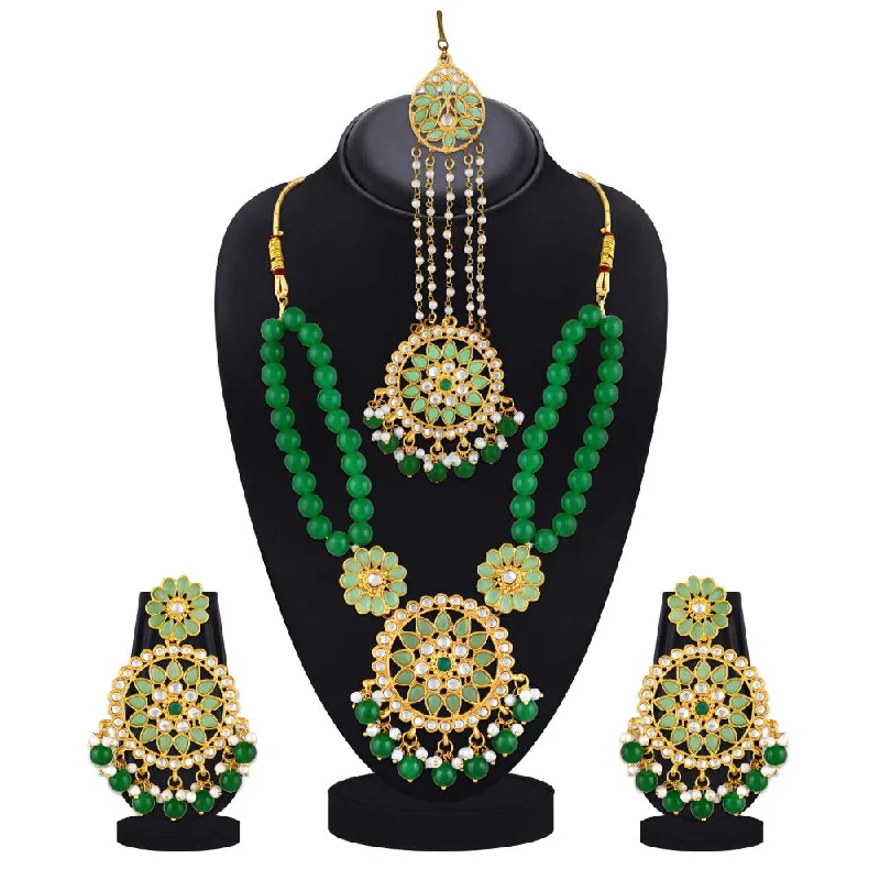 Colorful Gemstone Necklaces-Mahi Dual Layer Green Floral Necklace Jewellery Set with Artificial Beads for Women (NL1103840GGre)