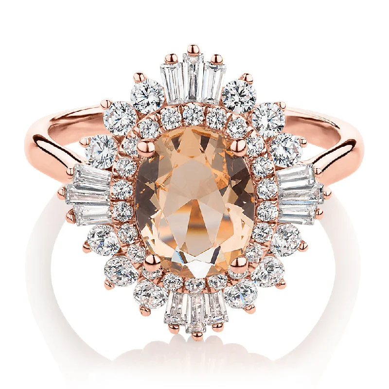 Custom Oval Diamond Rings-Dress ring with 9x7mm morganite simulant and 1.04 carats* of diamond simulants in 10 carat rose gold