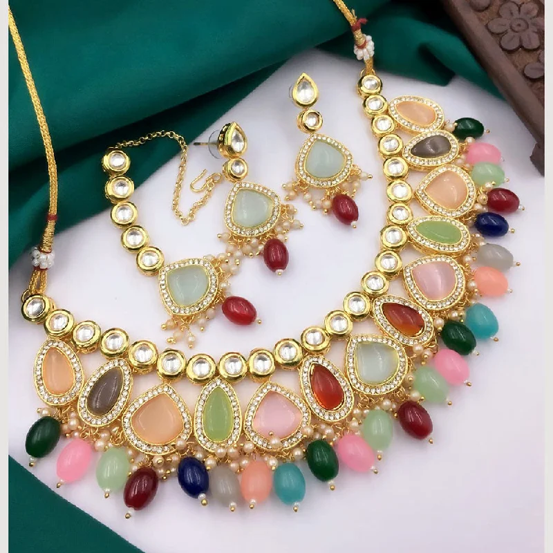 Nature-Inspired Pendant Necklaces-5G Jewellery Gold Plated Kundan Stone And Beads  Necklace Set