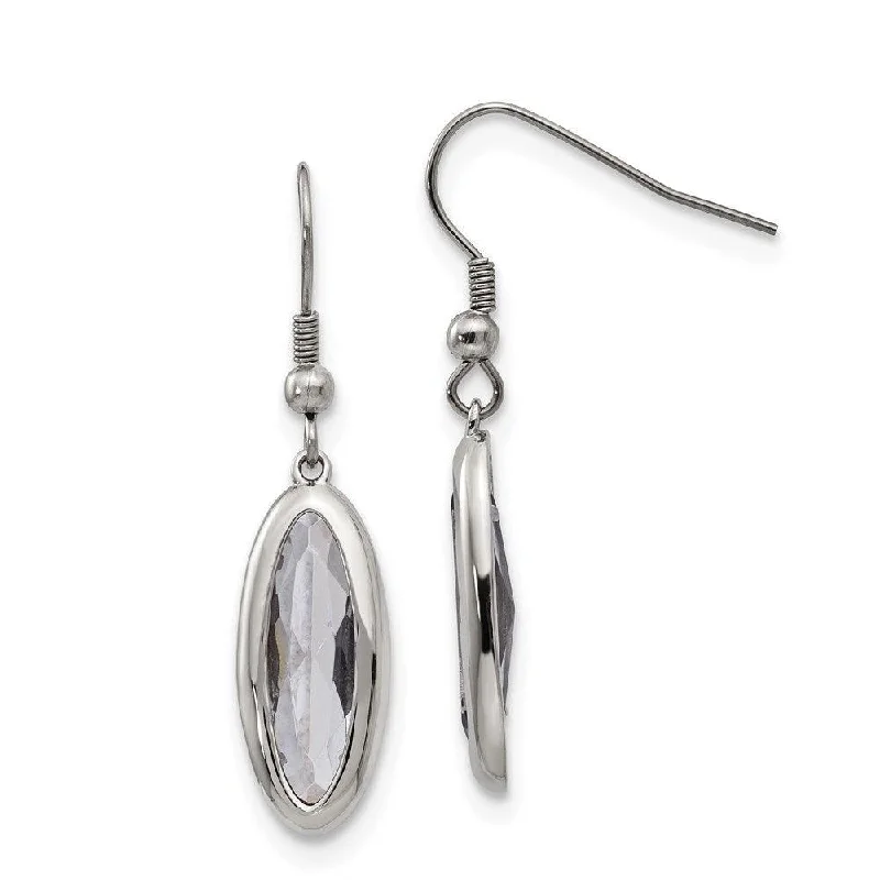 Long Dangle Earrings-Stainless Steel Polished Glass Oval Shepherd Hook Dangle Earrings