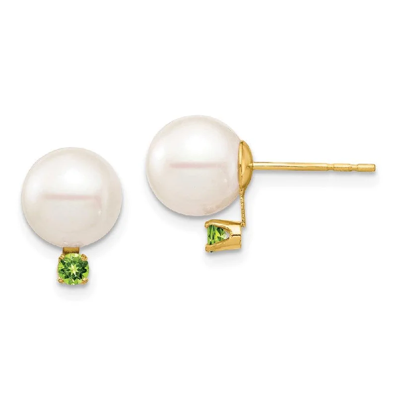 Bohemian Style Earrings-14K 8-8.5mm White Round Freshwater Cultured Pearl Peridot Post Earrings