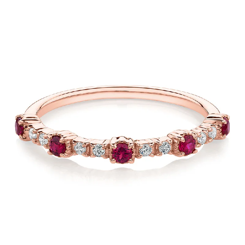 Handmade Gold Rings-Wedding or eternity band with ruby and diamond simulants in 10 carat rose gold