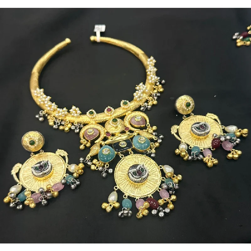 Elegant Wedding Pendant Necklaces-Akruti Collection Gold Plated Pota Stone And Pearls Necklace Set