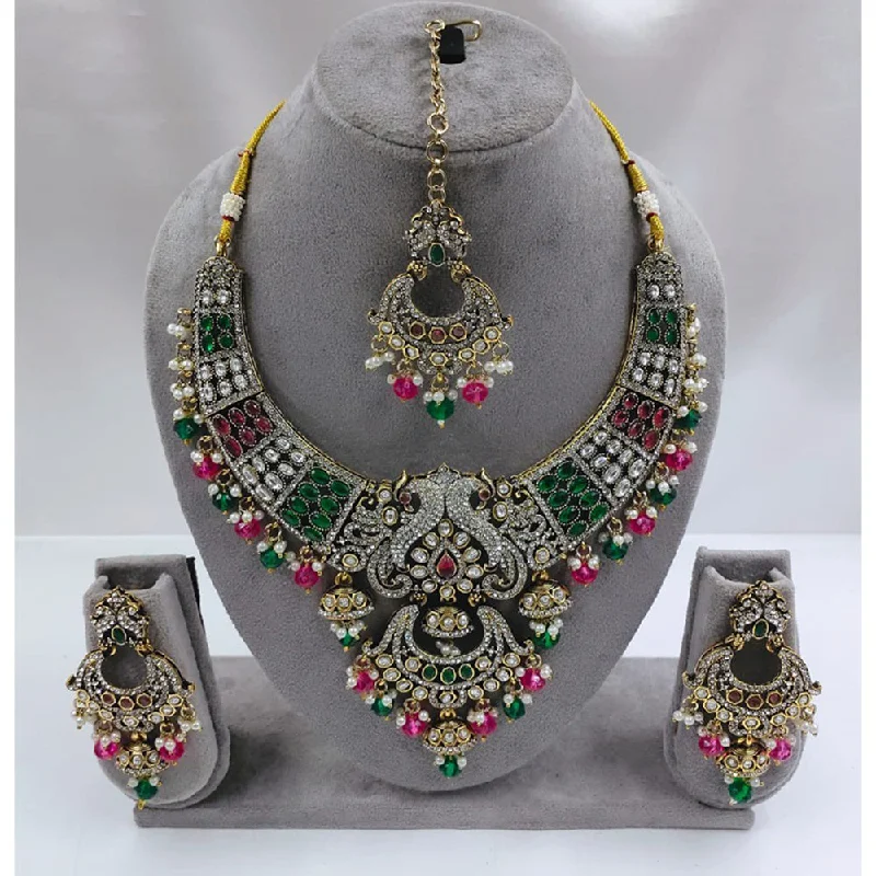 Elegant Turquoise Necklaces-Akruti Collection Gold Plated Kundan Stone And Beads Necklace Set