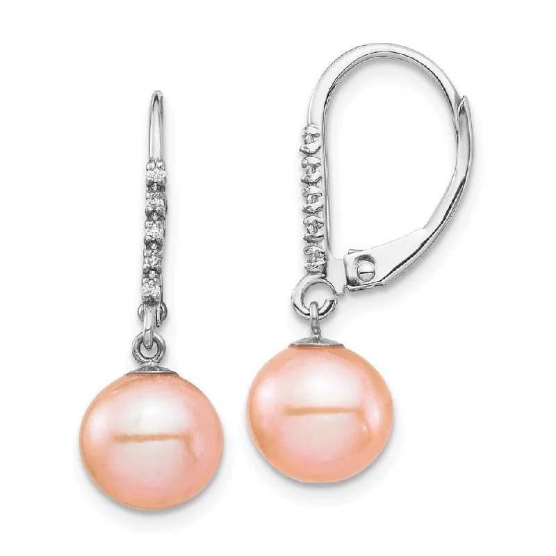 Wedding Party Earrings-14k White Gold 8-9mm Pink FWC Pearl .05ct Diamond Leverback Earrings