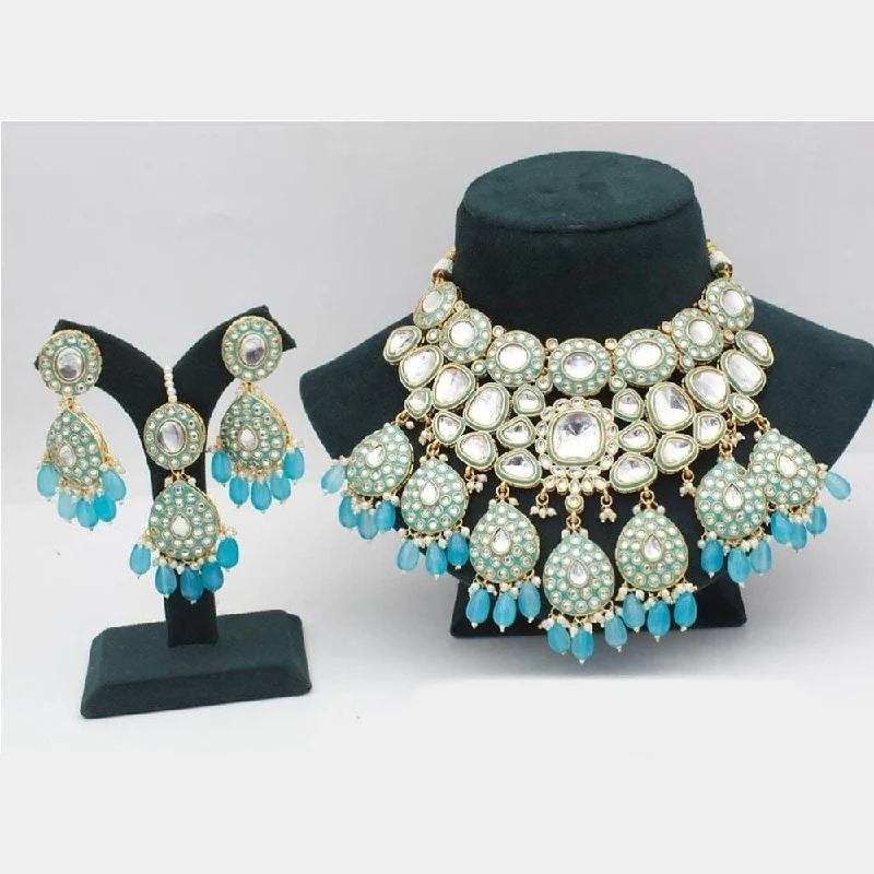 Large Statement Necklaces-Sai Fashion Gold Plated Kundan And Beads Necklace Set