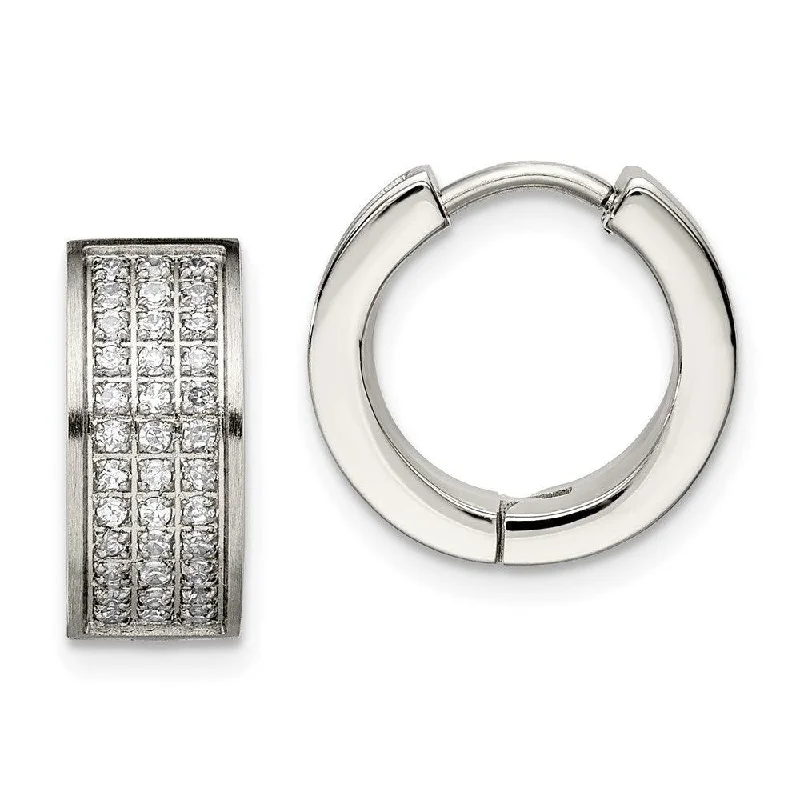 Designer Crystal Earrings-Stainless Steel CZ Stones Brushed & Polished Hinged Hoop Earrings