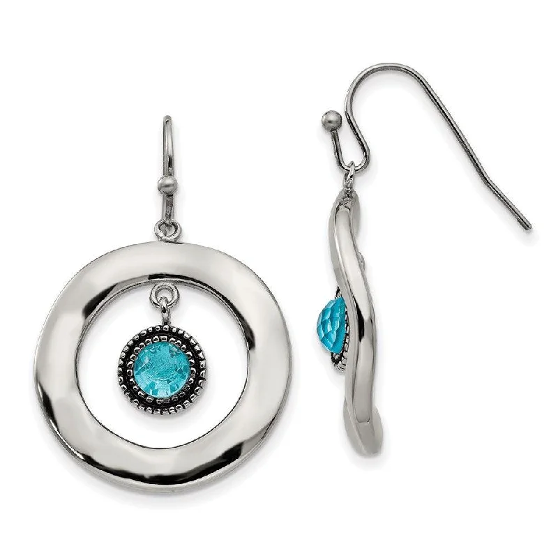 Oval Gemstone Earrings-Stainless Steel Polished Wavy Circle Blue Glass Earrings