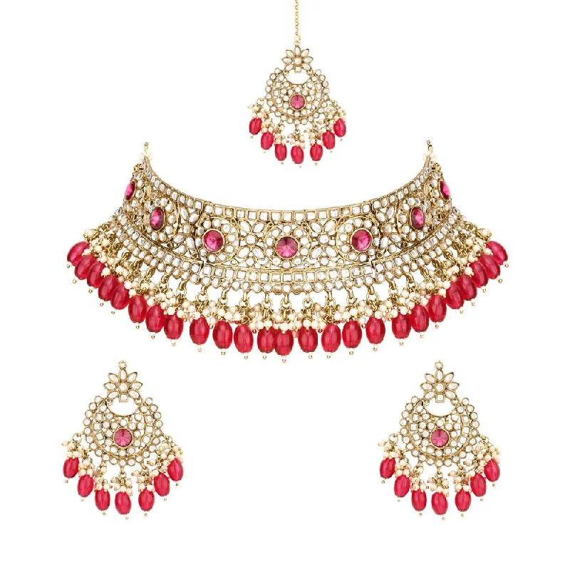 Sparkling Crystal Necklaces-Etnico Gold Plated Traditional Kundan Pearl Hanging Choker Necklace Jewellery Set With Earrings & Maang Tikka For Women And Girls (K7255Q)