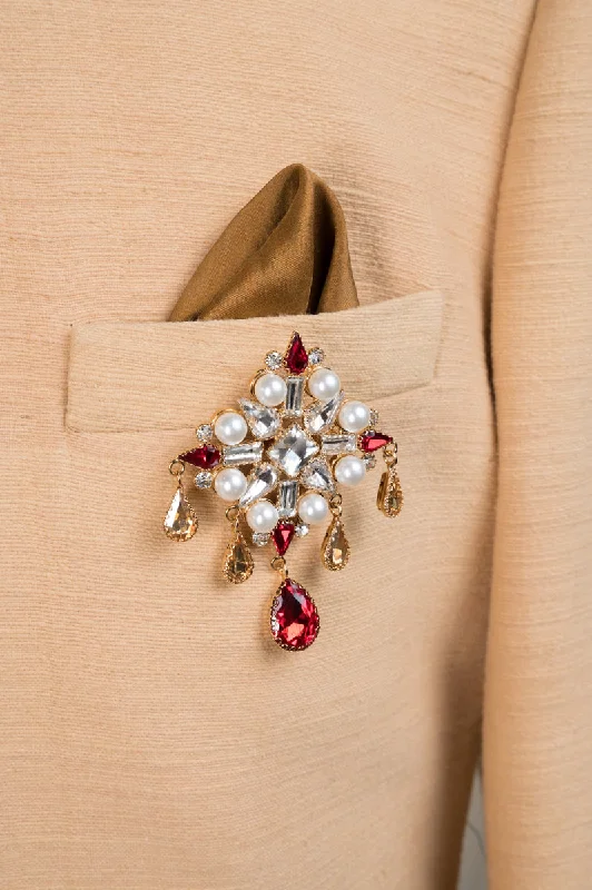 Custom Floral Brooch for Wedding-Quadrant Shaped Ruby Brooch with Pearl Drops