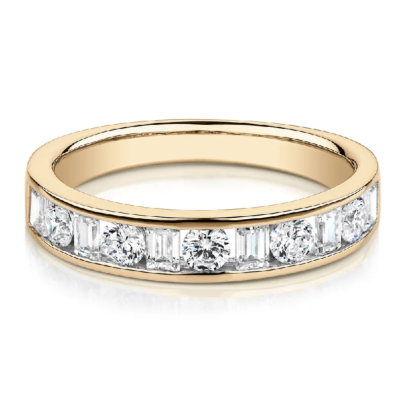 Trendy Gold Rings for Women-Round Brilliant wedding or eternity band with 0.76 carats* of diamond simulants in 14 carat yellow gold