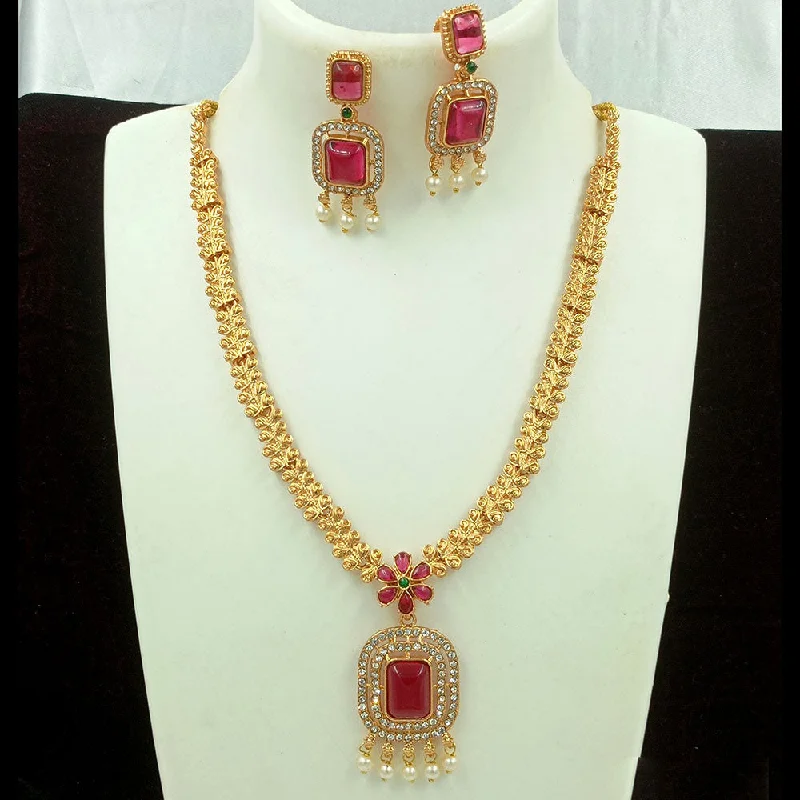 Heart Shaped Pendant Necklaces-Joyful Jewel Art Matte Gold Plated Kundan Stone And Pearls Long Necklace Set