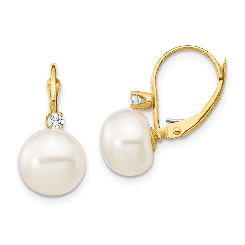 Layered Gold Earrings-14K 10-11mm White Button FWC Pearl .10ct Diamond Leverback Earrings