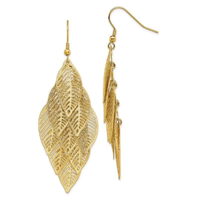 Sparkly Drop Earrings-Stainless Steel Polished and Textured Yellow IP Leaves Dangle Earrings