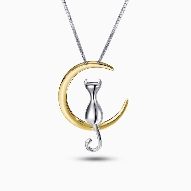 Classic Gold Necklaces-Cat Sitting On the Moon Necklace