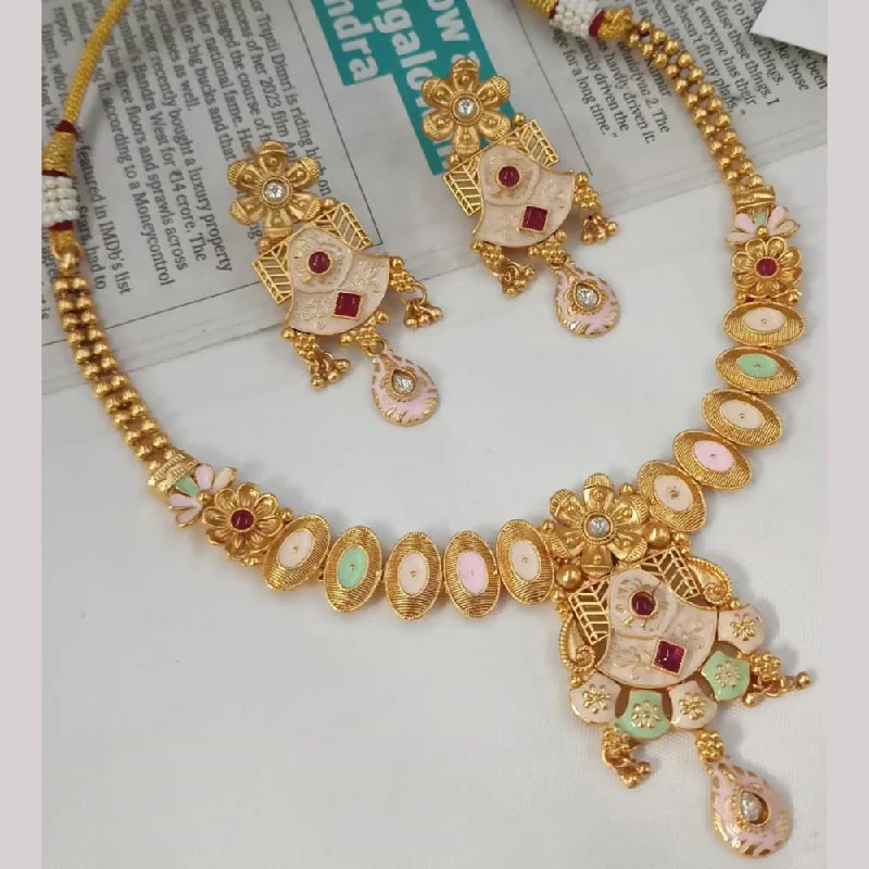 Custom Gemstone Necklaces-Padmawati Bangles Gold Plated Pota Stone And Pearls Meenakari Necklace Set