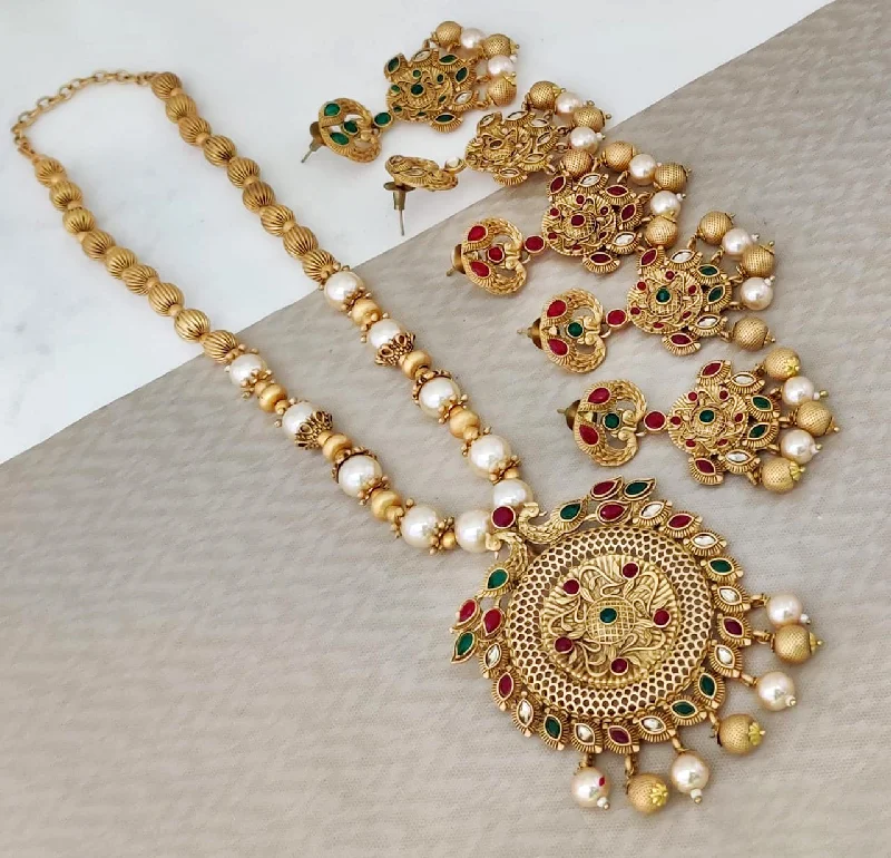 Gold and Diamond Necklaces-Rani Sati Jewels Gold Plated Pota Long Necklace Set