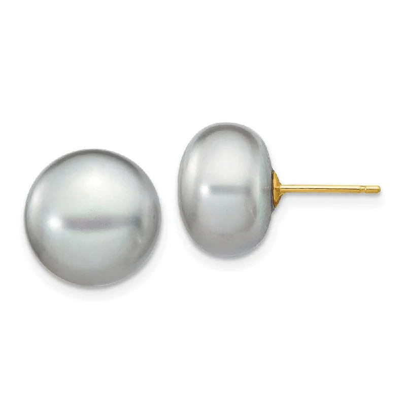 Beautiful Crystal Earrings-14k 11-12mm Grey Button FW Cultured Pearl Stud Post Earrings