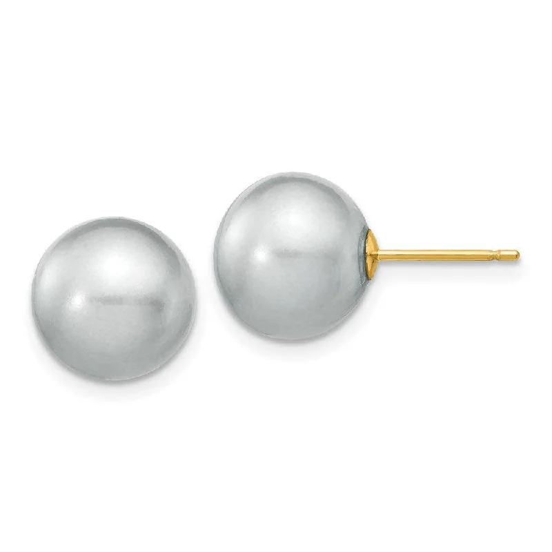 Handcrafted Earrings-14k 10-11mm Grey Round Freshwater Cultured Pearl Stud Post Earrings