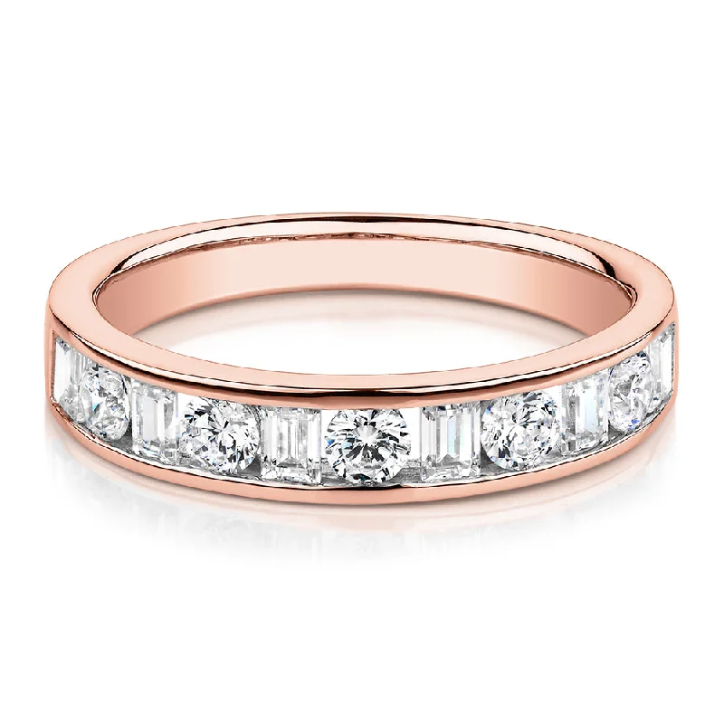 Handcrafted Promise Rings-Round Brilliant wedding or eternity band with 0.76 carats* of diamond simulants in 14 carat rose gold