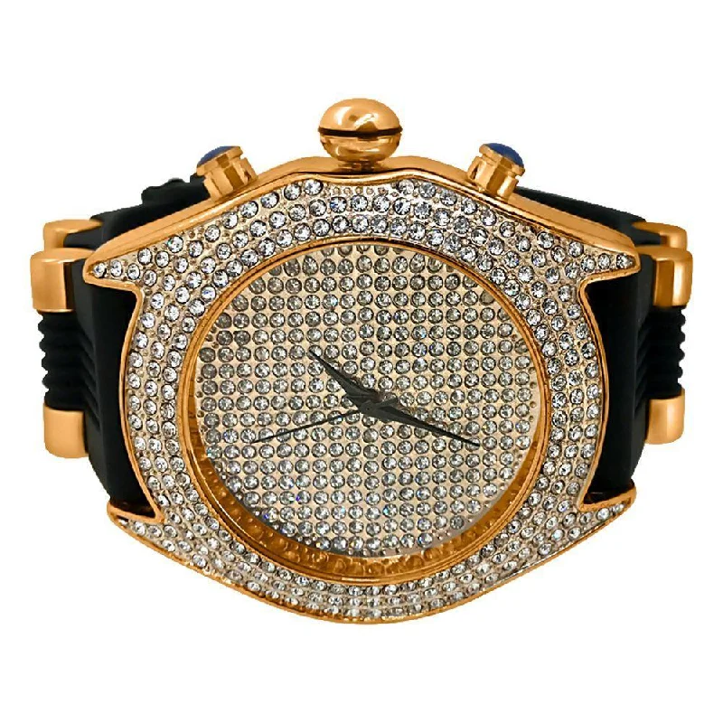 Multi-Function Sports Watches-Full Bling Dial and Triple Bezel Icey Watch Rose Gold