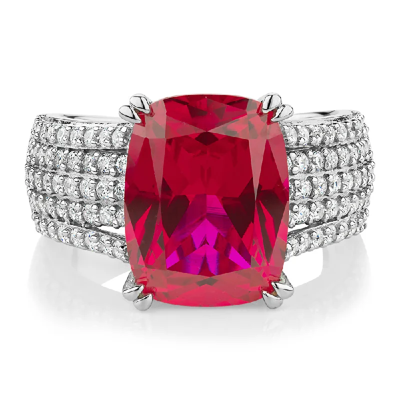 Custom Wedding Rings with Names-Dress ring with ruby simulant and 0.90 carats* of diamond simulants in sterling silver