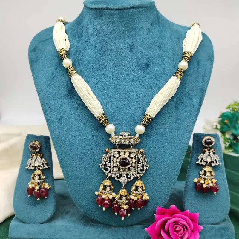 Elegant Emerald Necklaces-Akruti Collection Gold Plated Kundan Stone And Beads Necklace Set