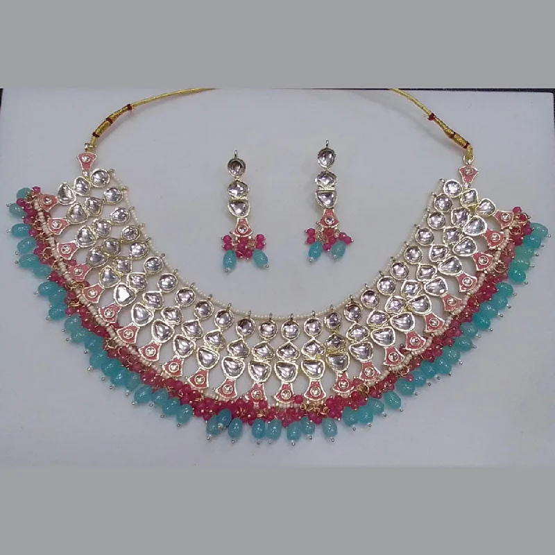 Silver Ball Chain Necklaces-Midas Touch Gold Plated Kundan And Beads Choker Necklace Set