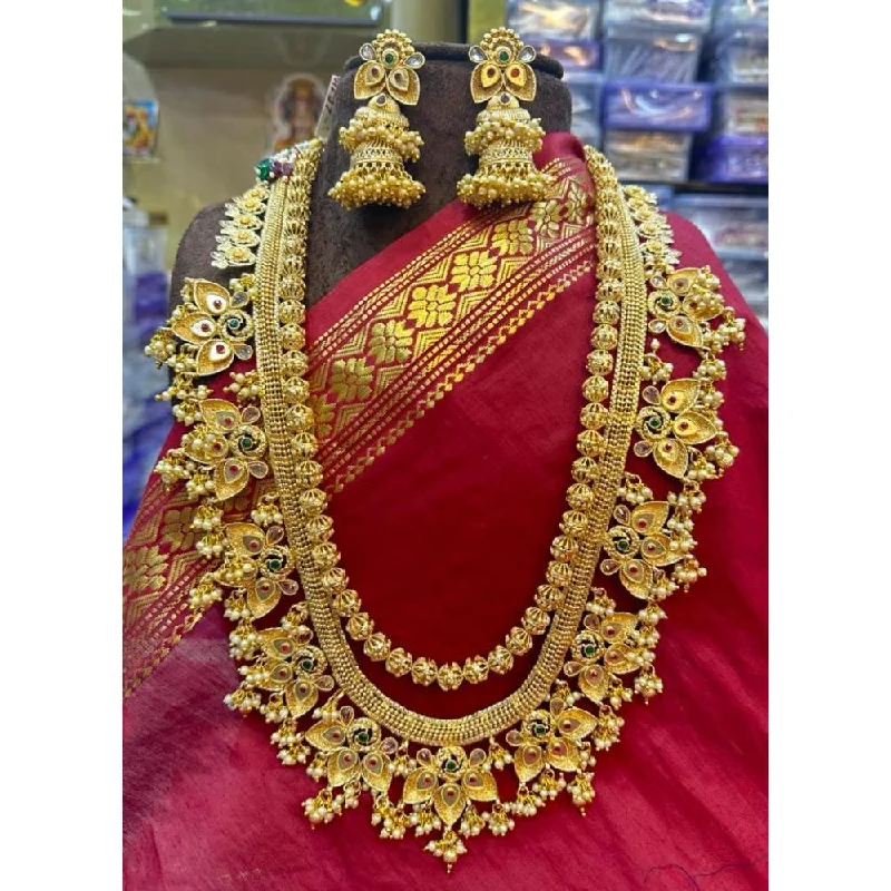 Gold Choker Necklaces-Akruti Collection Gold Plated Pota Stone Long Necklace Set