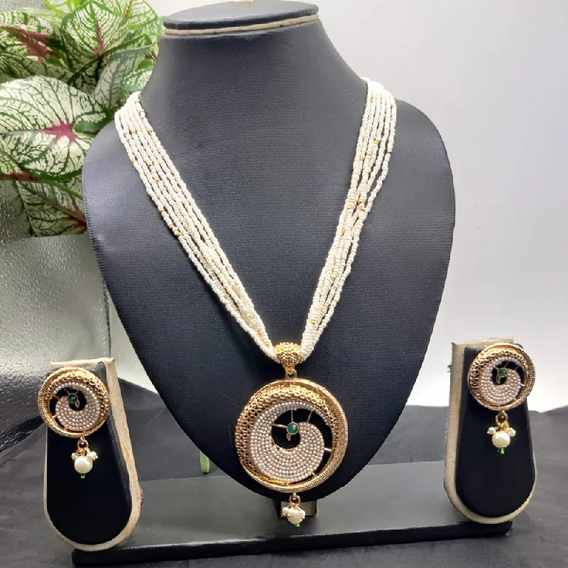 Natural Gemstone Pendant Necklaces-Kavita Art Gold Plated Pota and Pearls Long Necklace Set