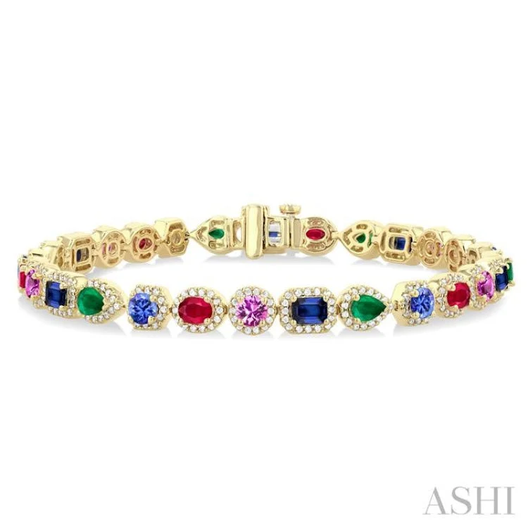 Elegant Gold Cuff Bracelets-4X3MM & 4MM Mixed Shape Gemstone Rainbow and 1 1/3 ctw Round Cut Diamond Halo Precious Tennis Bracelet in 14K Yellow Gold