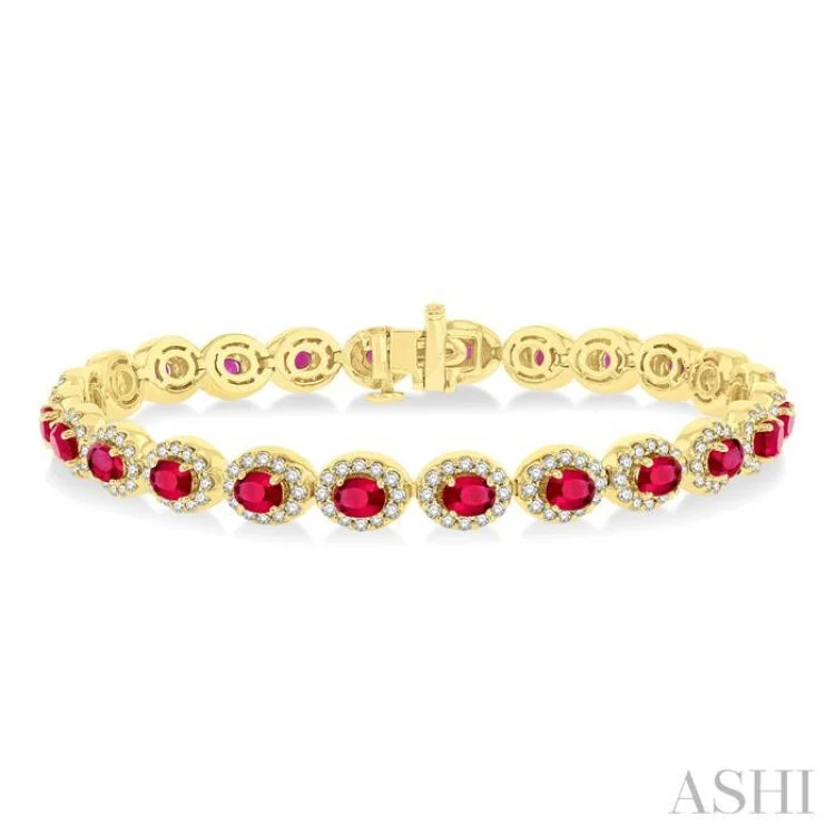 Classic Sterling Silver Bangles-2 1/6 ctw Oval Cut 4X3MM Ruby and Round Cut Diamond Halo Precious Tennis Bracelet in 14K Yellow Gold