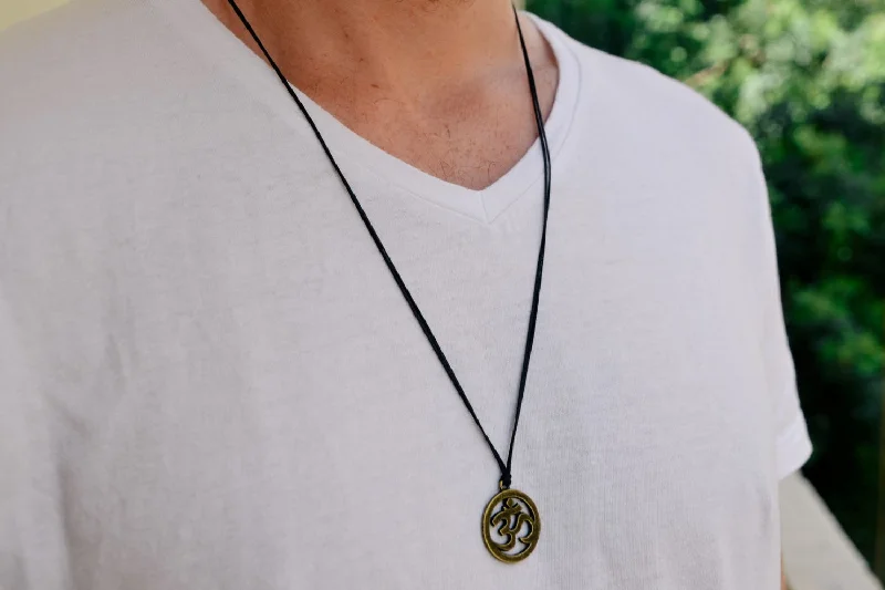 Personalized Initial Necklaces-Men's necklace with a bronze Om pendant, black cord, yoga jewelry for man, handmade, gift wrapped