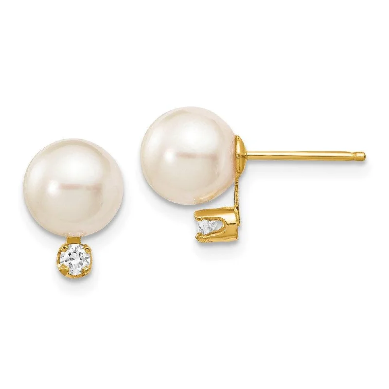 Personalized Jewelry Earrings-14k 7-8mm White Round Saltwater Akoya Cultured Pearl Diamond Post Earrings