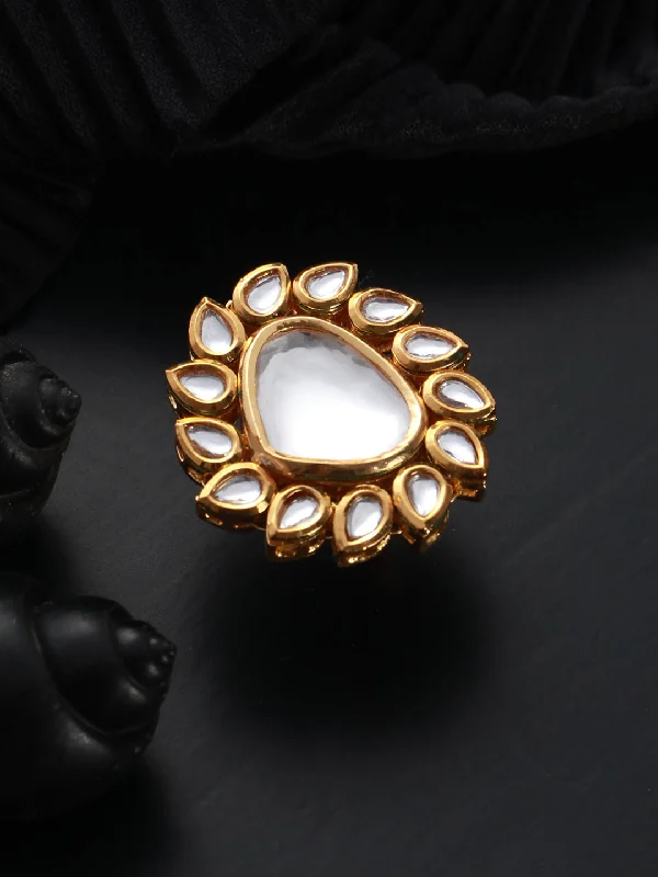 Classy Wedding Rings-Gold-Plated White Kundan-Studded Handcrafted Adjustable Finger Ring