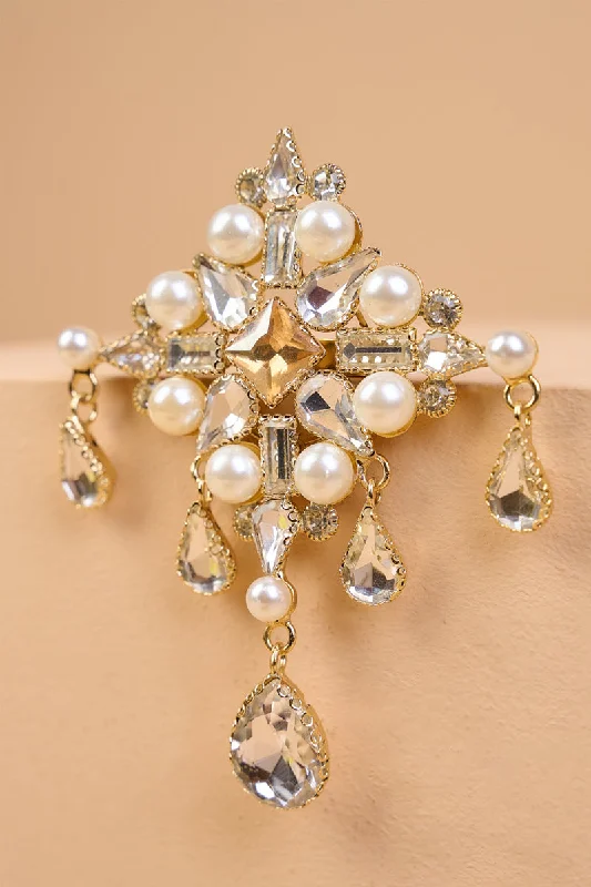 Designer Art Deco Brooch-Ivory Quadrant Crystal Pearl Brooch