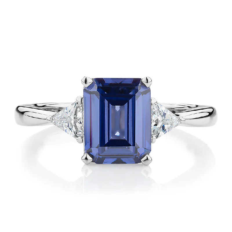 White Gold Engagement Rings-Dress ring with tanzanite simulant and 0.32 carats* of diamond simulants in sterling silver